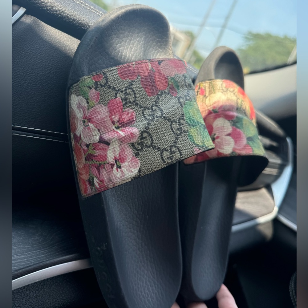 Gucci Black Floral Slides with Pink and Green Accents